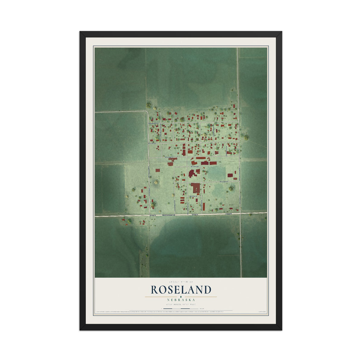 Map of Roseland, Nebraska, 12 x 18 inch print in a black wood frame