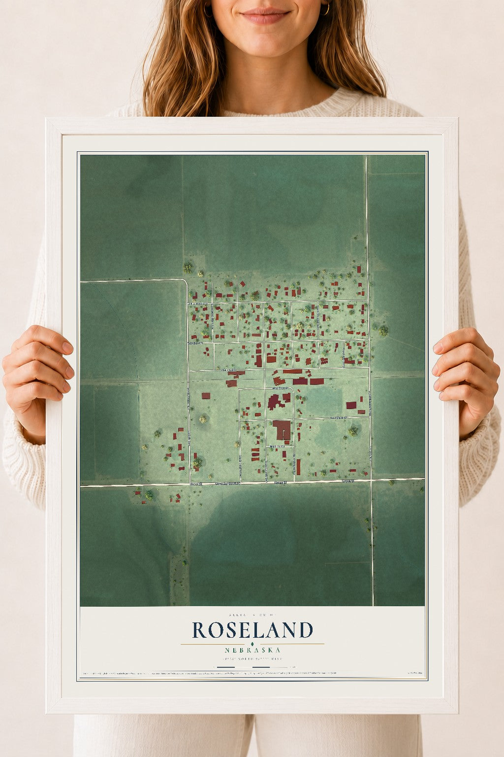 Map of Roseland, Nebraska, 18 x 24 inch print in a white wood frame
