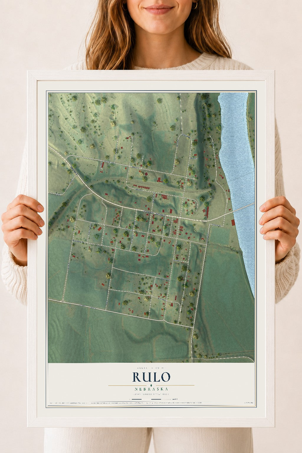 Map of Rulo, Nebraska, 18 x 24 inch print in a white wood frame