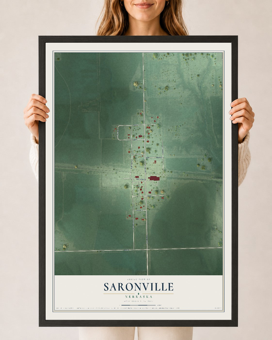 Map of Saronville, Nebraska, 24 x 36 inch print in a black wood frame