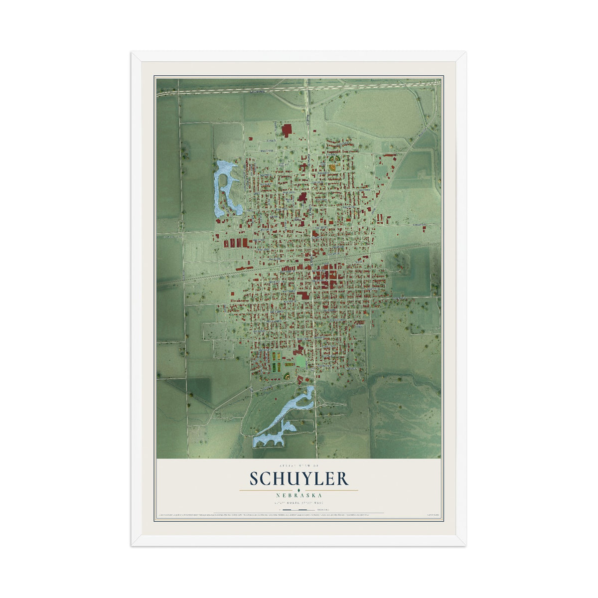 Map of Schuyler, Nebraska, 12 x 18 inch print in a white wood frame