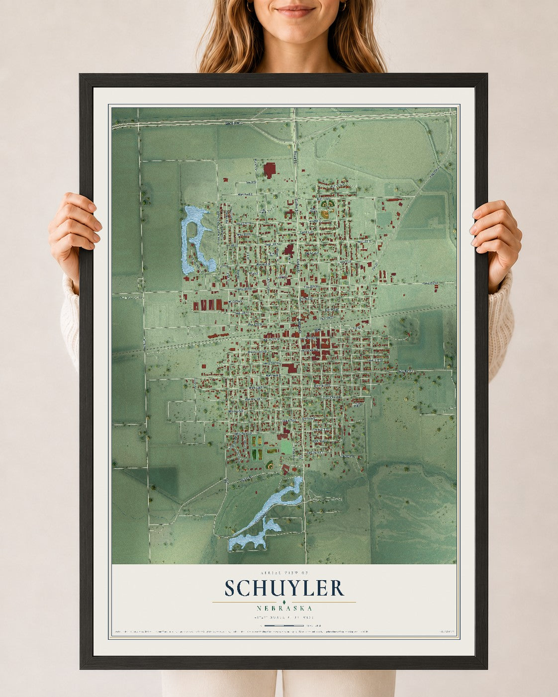 Map of Schuyler, Nebraska, 24 x 36 inch print in a black wood frame