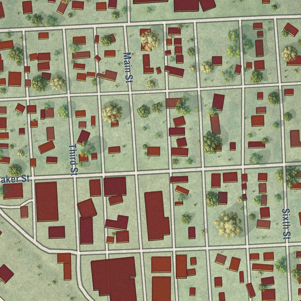 Close-up of the map of Scribner, Nebraska print showing street and building detail
