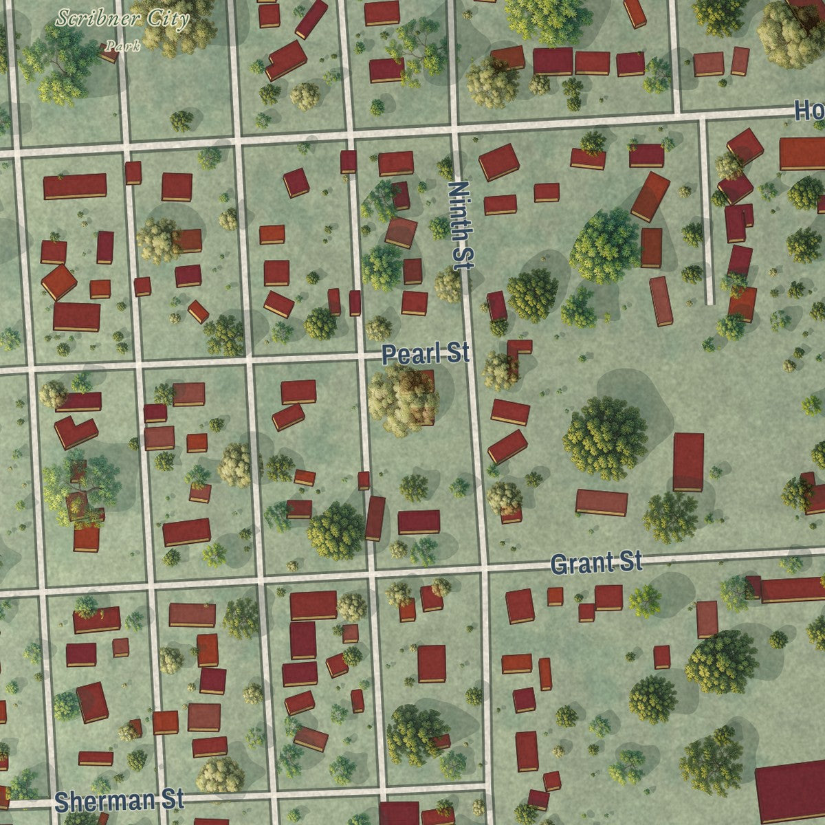 Second close-up of the map of Scribner, Nebraska print showing more streets and buildings