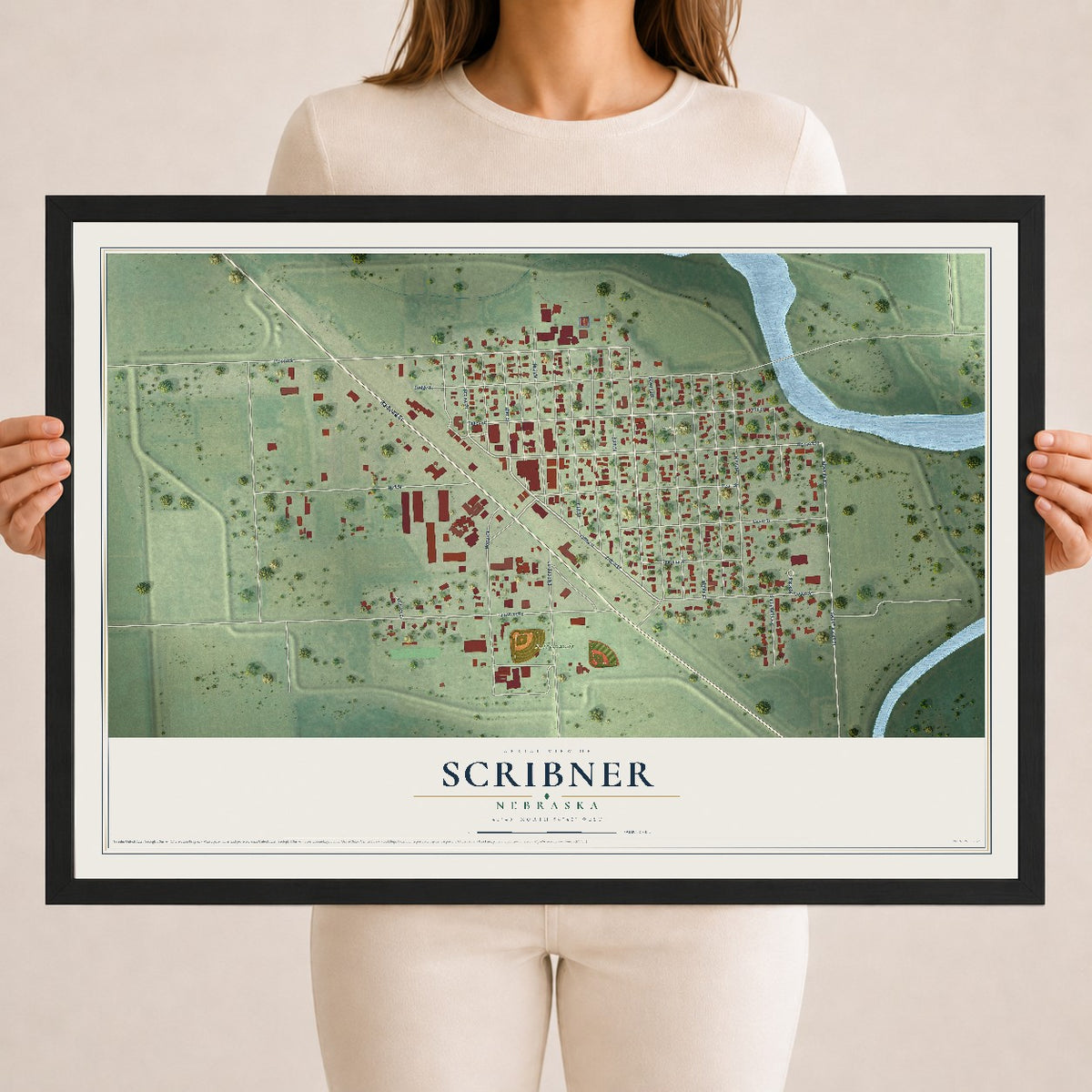 Map of Scribner, Nebraska, 18 x 24 inch print in a black wood frame