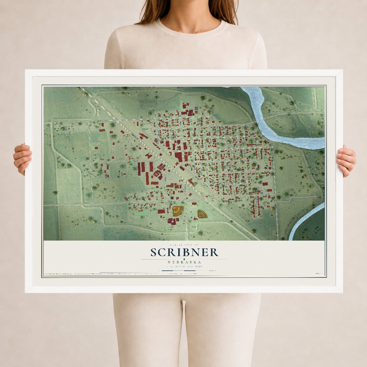Map of Scribner, Nebraska, 24 x 36 inch print in a white wood frame