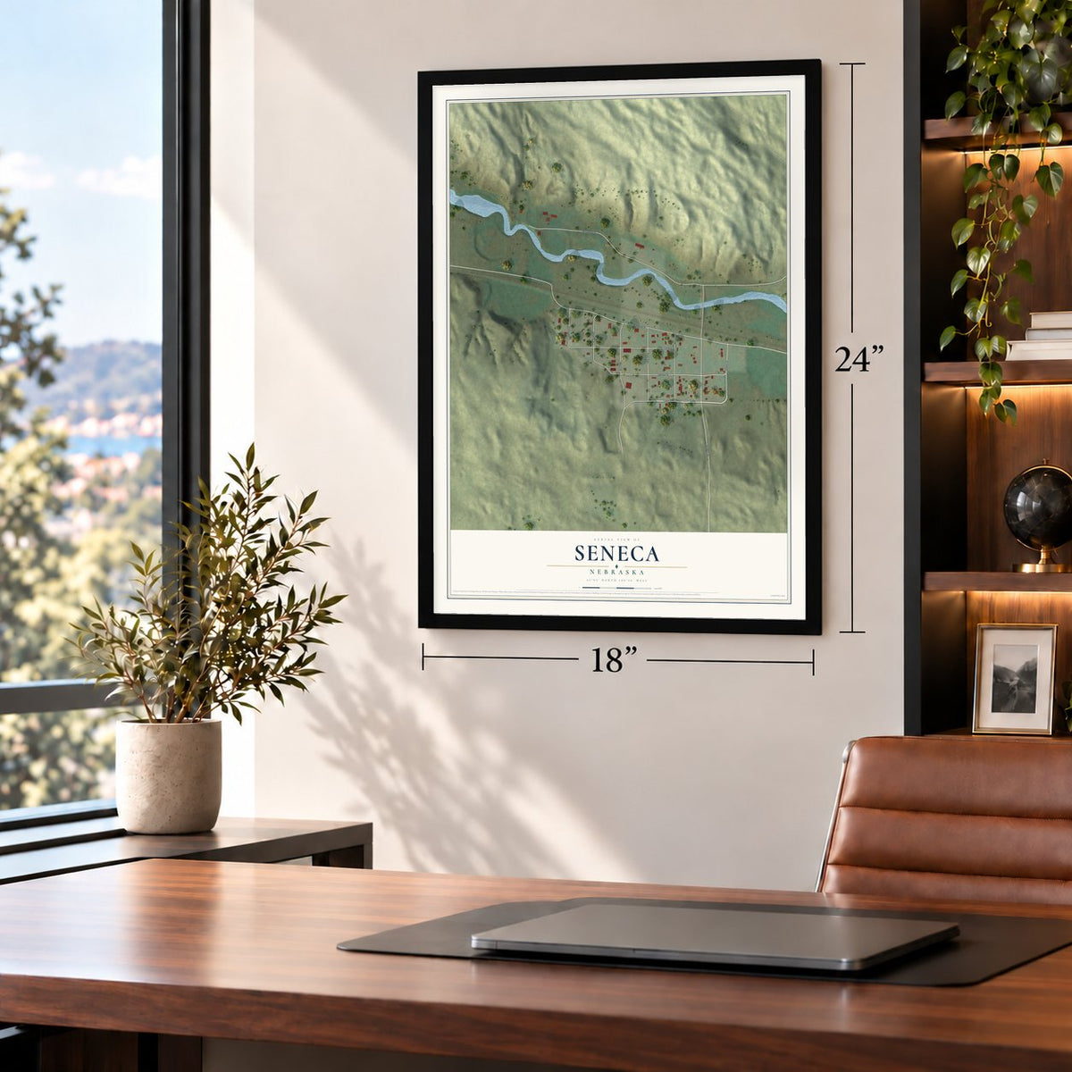 Seneca, Nebraska map, 18 x 24 inch print in a black frame in a home office
