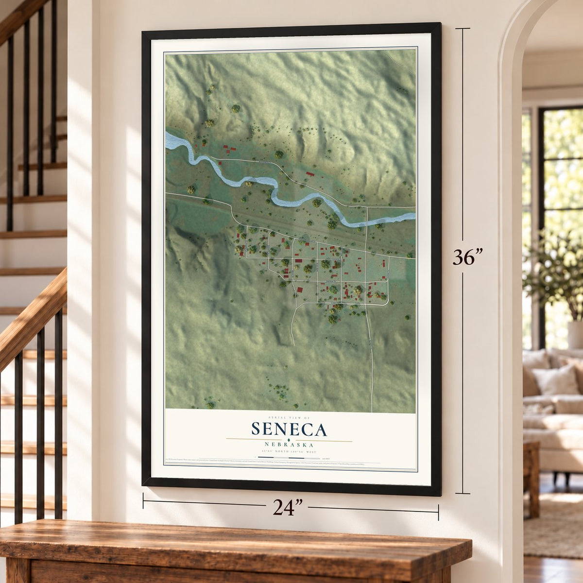 Seneca, Nebraska map, 24 x 36 inch print in a black frame by a staircase