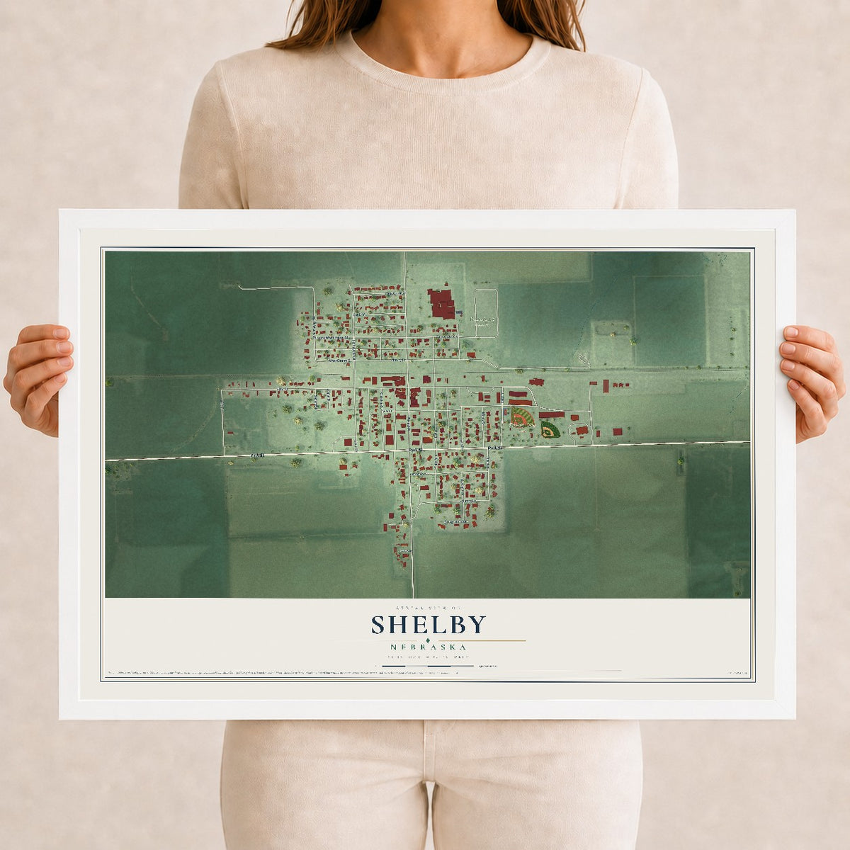 Map of Shelby, Nebraska, 12 x 18 inch print in a white wood frame