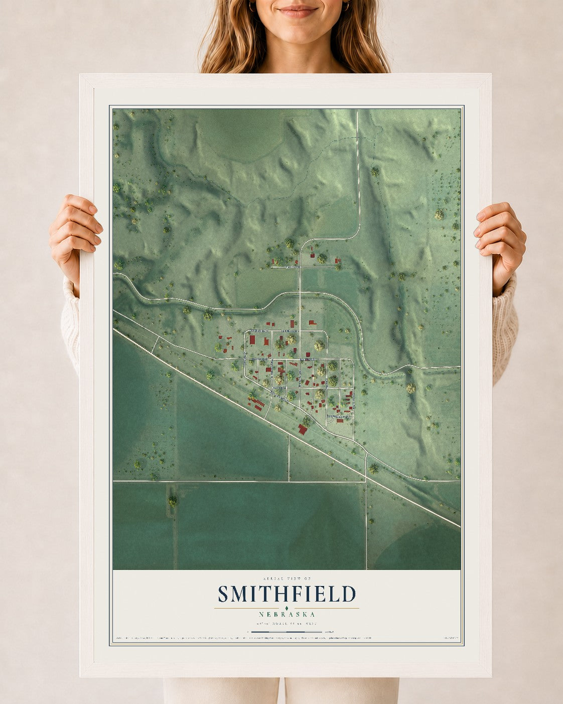 Map of Smithfield, Nebraska, 24 x 36 inch print in a white wood frame