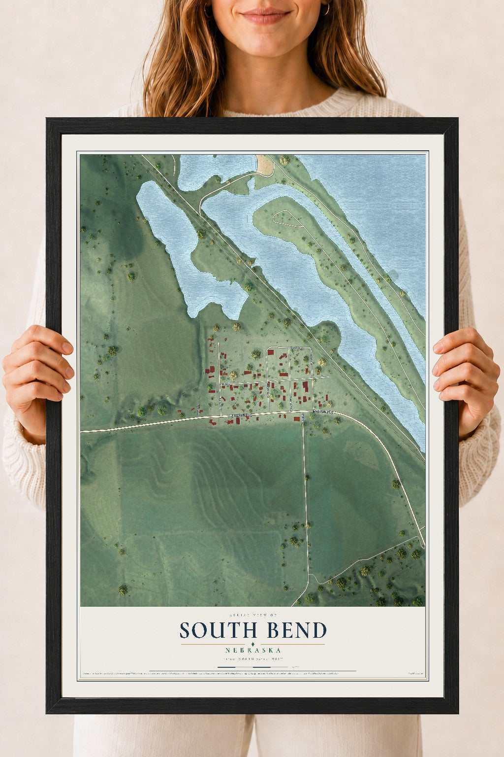 Map of South Bend, Nebraska, 18 x 24 inch print in a black wood frame