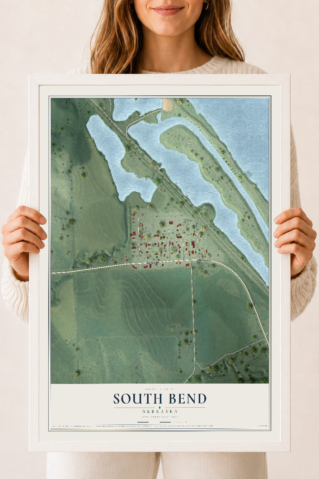 Map of South Bend, Nebraska, 18 x 24 inch print in a white wood frame