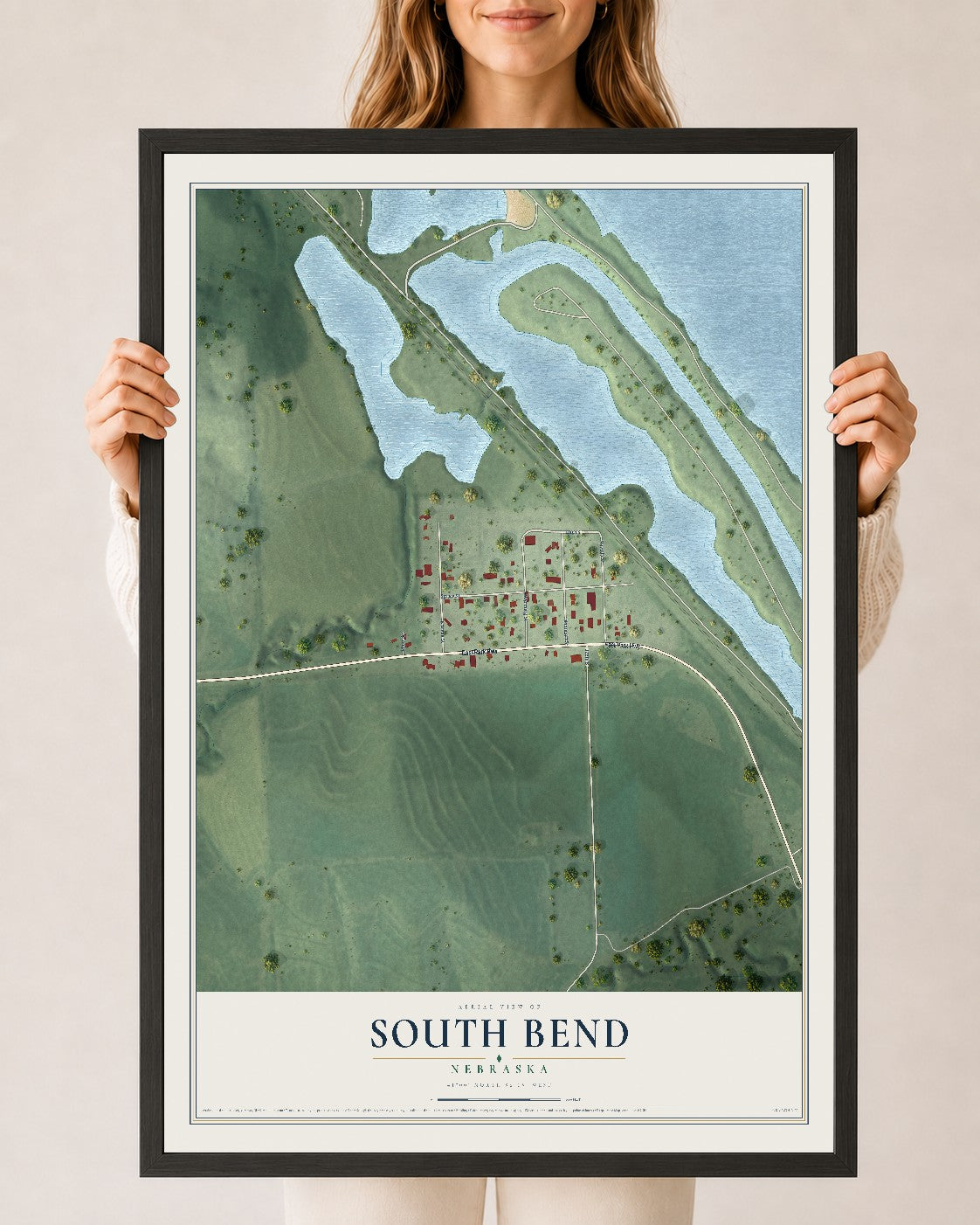 Map of South Bend, Nebraska, 24 x 36 inch print in a black wood frame