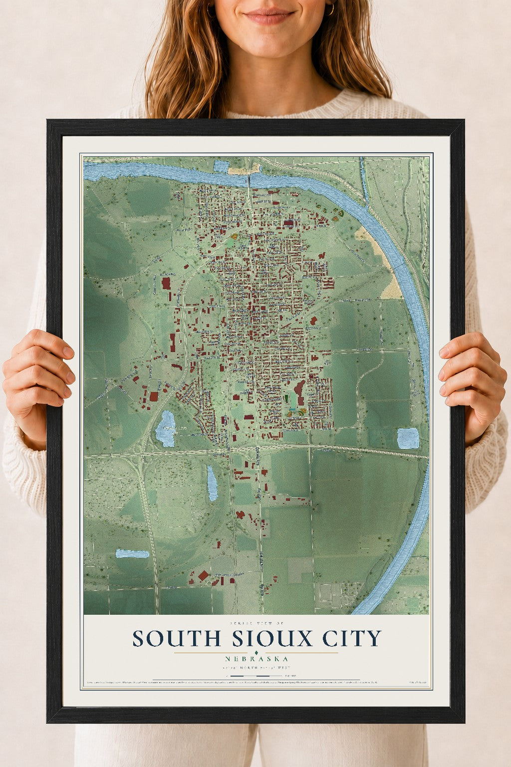Map of South Sioux City, Nebraska, 18 x 24 inch print in a black wood frame