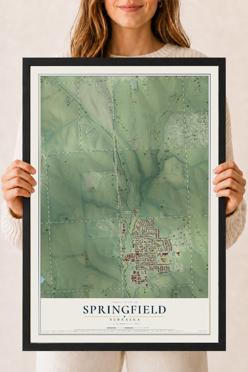Map of Springfield, Nebraska, 18 x 24 inch print in a black wood frame