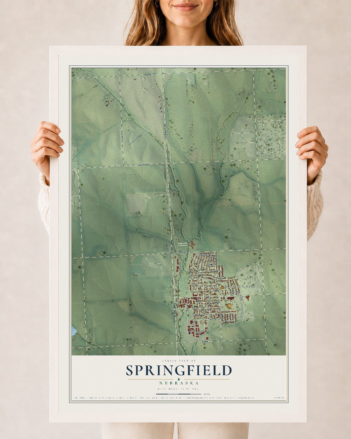 Map of Springfield, Nebraska, 24 x 36 inch print in a white wood frame