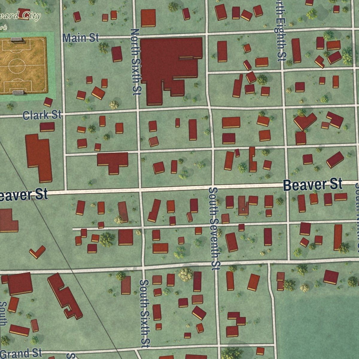 Close-up of the map of St. Edward, Nebraska print showing street and building detail