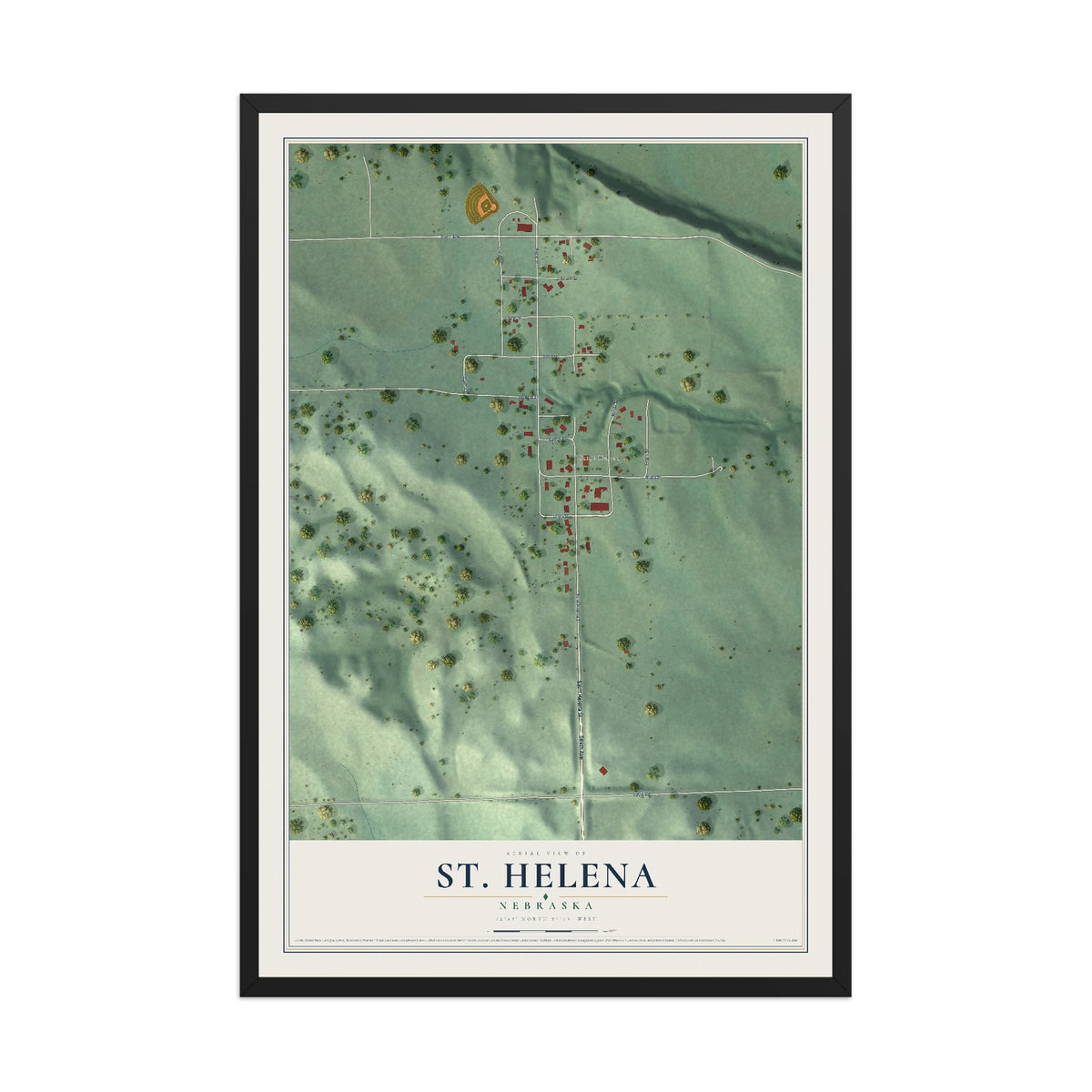 Map of St. Helena, Nebraska, 12 x 18 inch print in a black wood frame