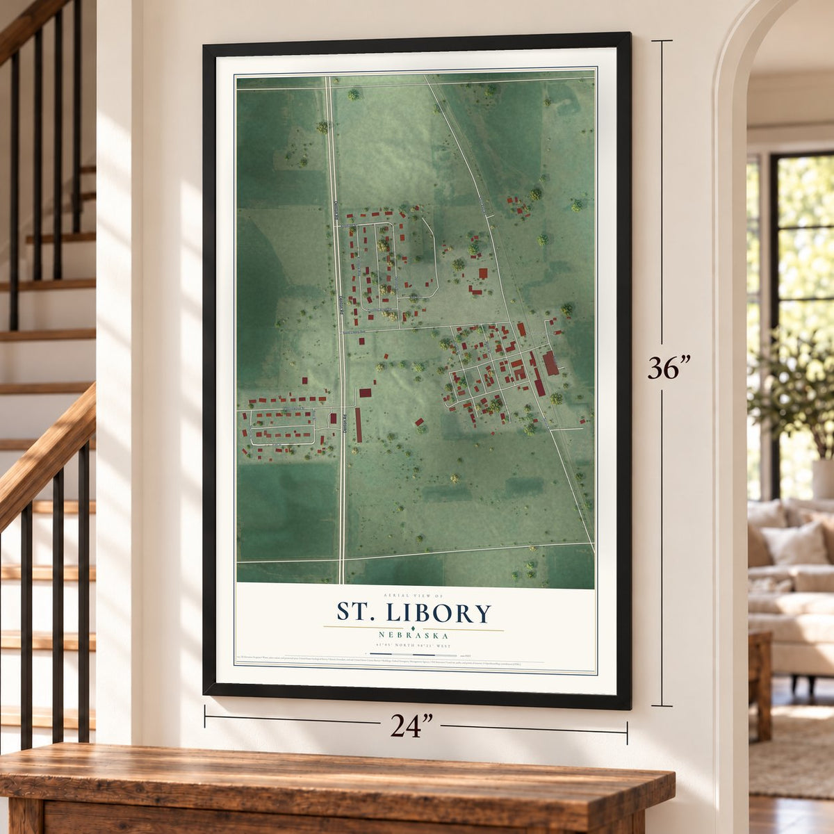 St. Libory, Nebraska map, 24 x 36 inch print in a black frame by a staircase