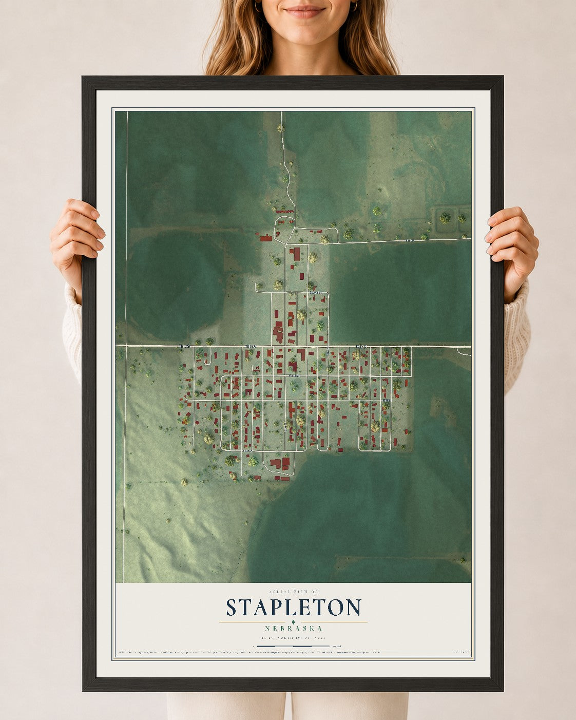 Map of Stapleton, Nebraska, 24 x 36 inch print in a black wood frame