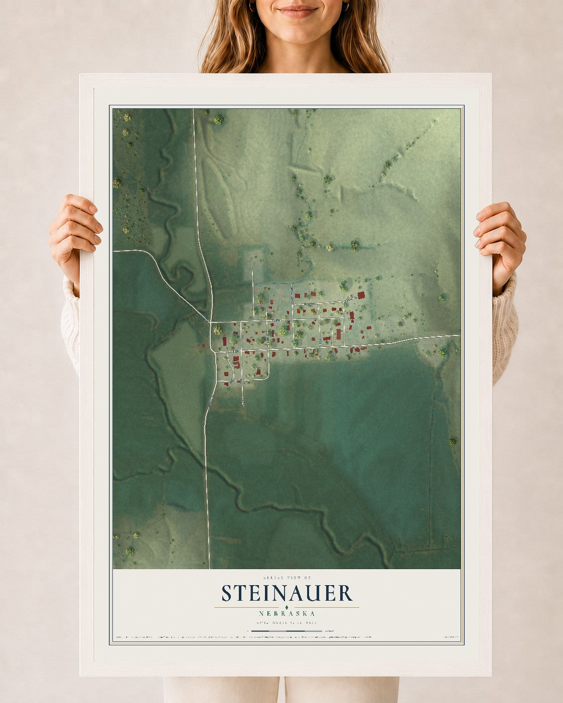 Map of Steinauer, Nebraska, 24 x 36 inch print in a white wood frame