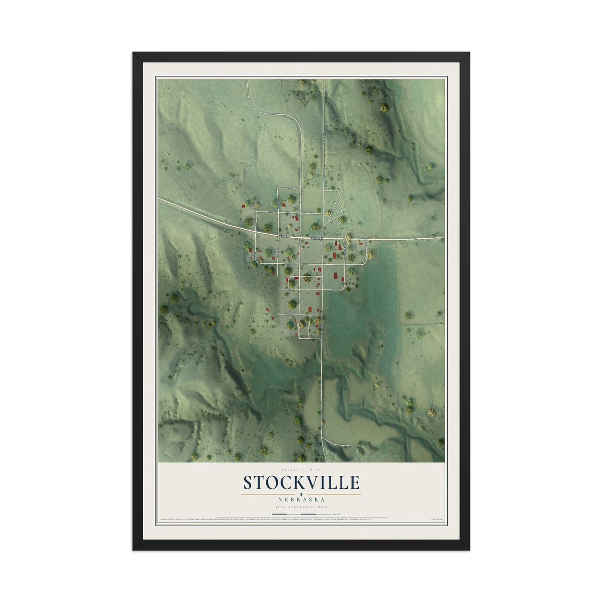 Map of Stockville, Nebraska, 12 x 18 inch print in a black wood frame