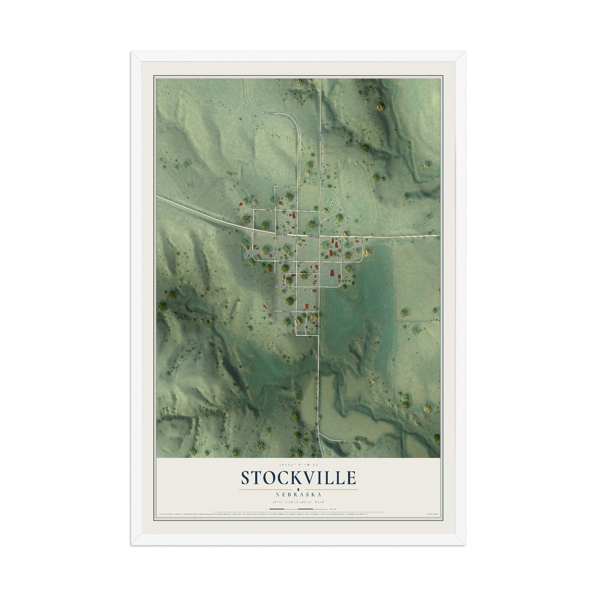 Map of Stockville, Nebraska, 12 x 18 inch print in a white wood frame