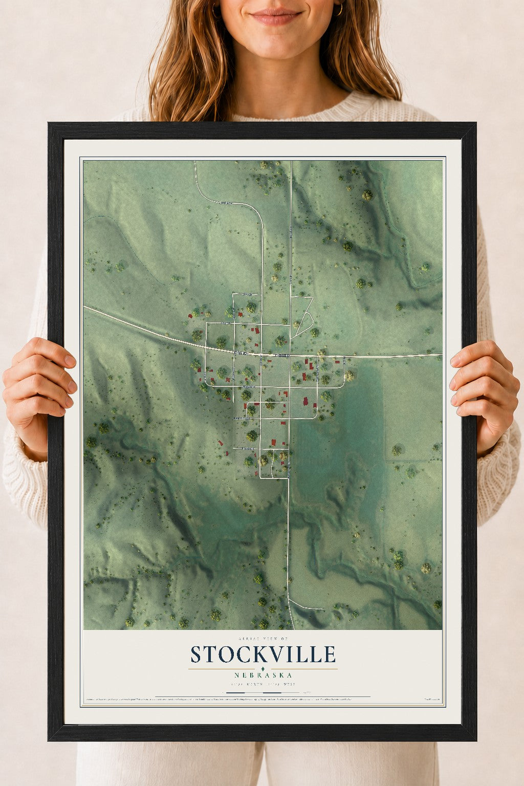 Map of Stockville, Nebraska, 18 x 24 inch print in a black wood frame
