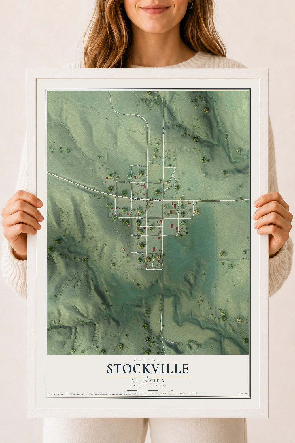 Map of Stockville, Nebraska, 18 x 24 inch print in a white wood frame