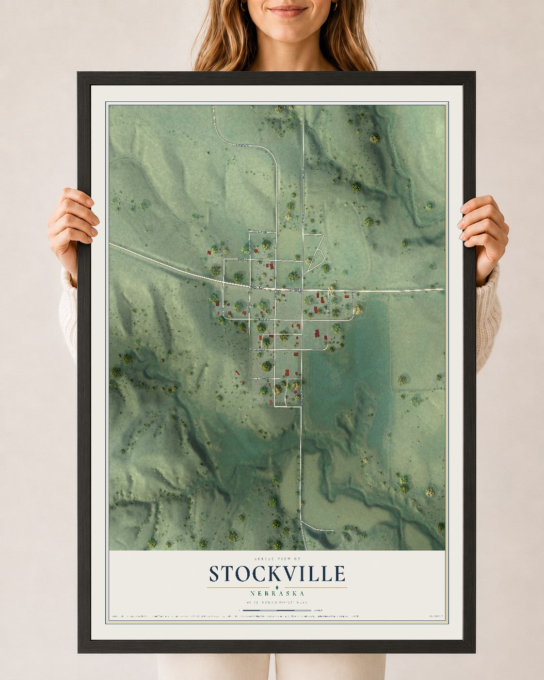 Map of Stockville, Nebraska, 24 x 36 inch print in a black wood frame
