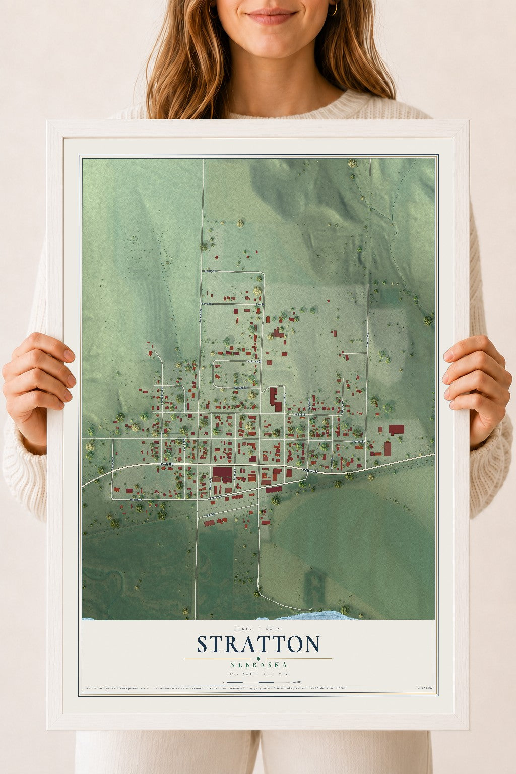Map of Stratton, Nebraska, 18 x 24 inch print in a white wood frame