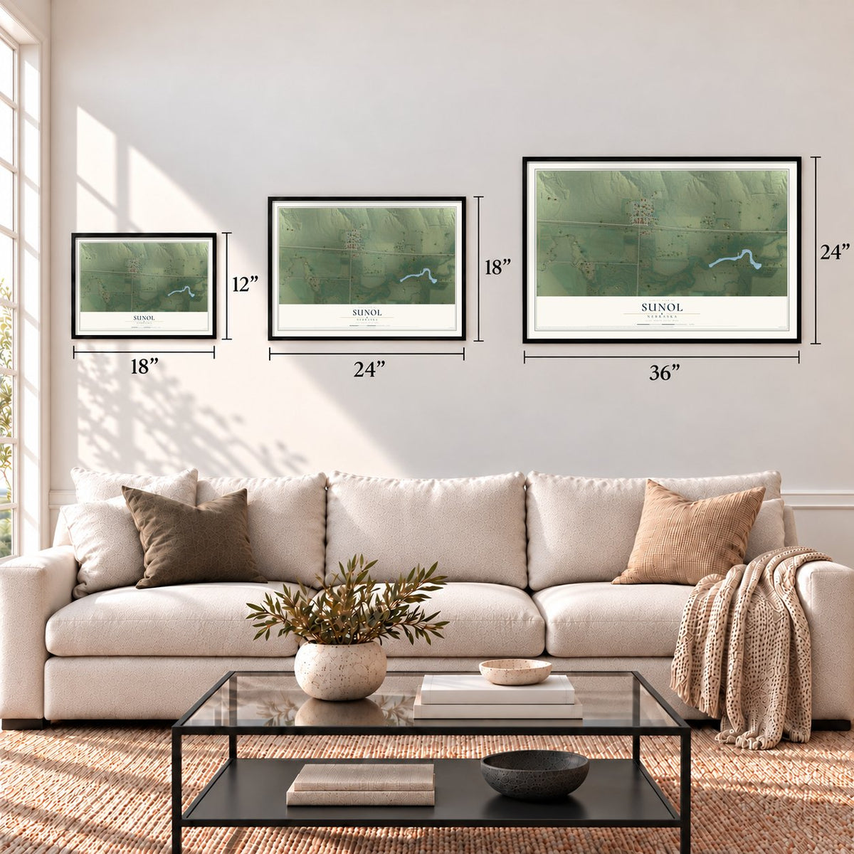 Sunol, Nebraska map in 12 x 18, 18 x 24 and 24 x 36 inch sizes above a sofa
