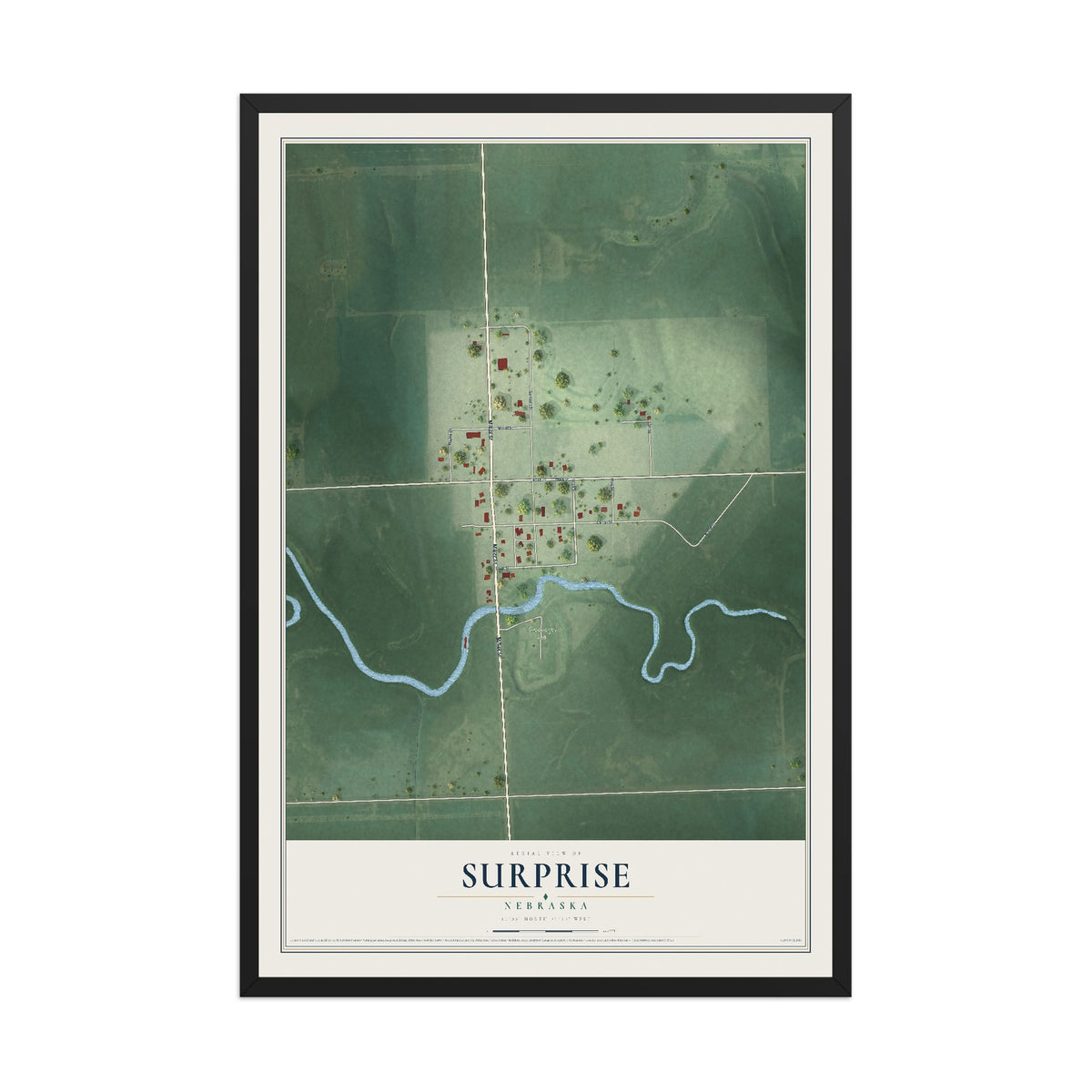 Map of Surprise, Nebraska, 12 x 18 inch print in a black wood frame
