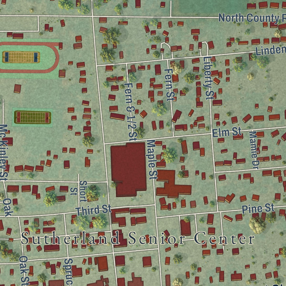 Close-up of the map of Sutherland, Nebraska print showing street and building detail