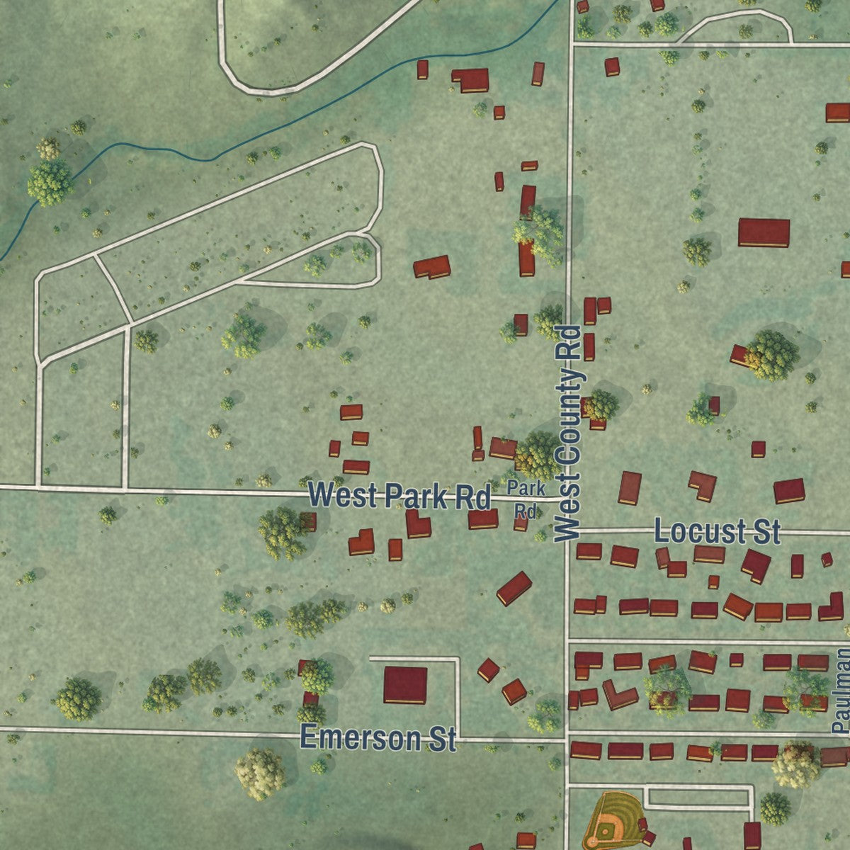 Second close-up of the map of Sutherland, Nebraska print showing more streets and buildings
