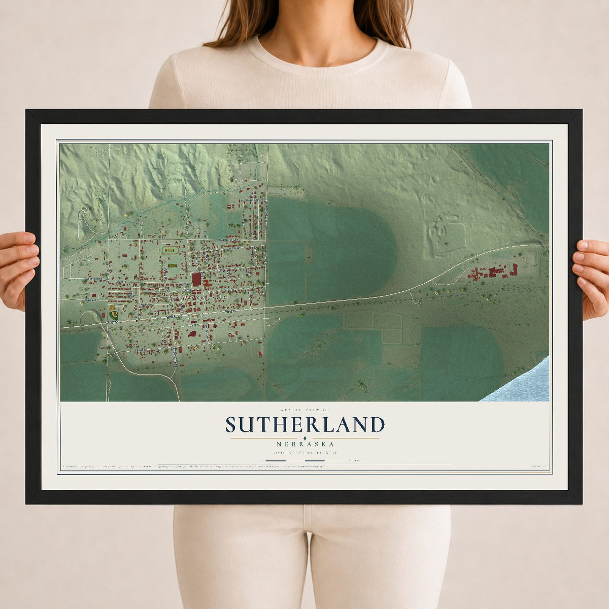 Map of Sutherland, Nebraska, 18 x 24 inch print in a black wood frame