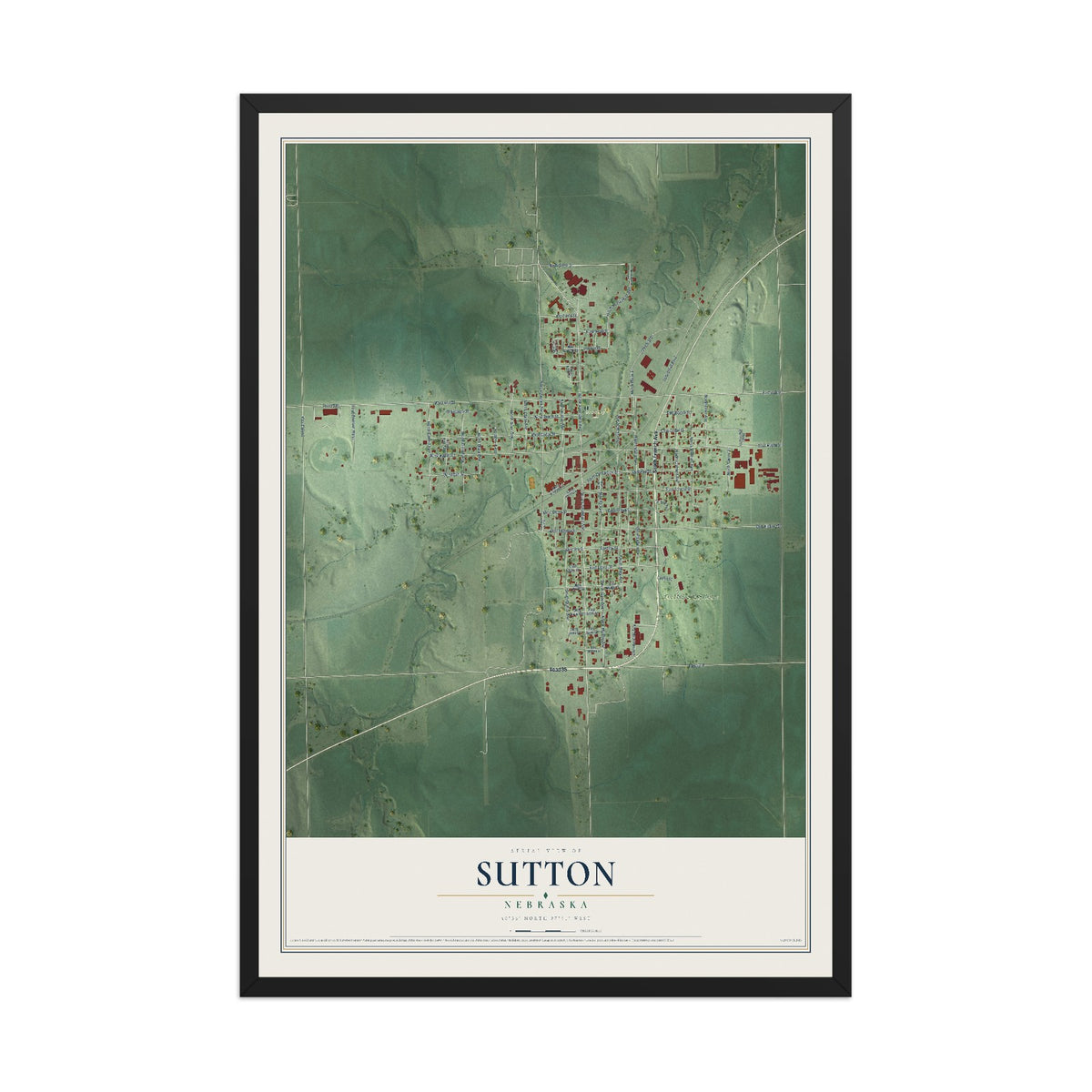 Map of Sutton, Nebraska, 12 x 18 inch print in a black wood frame