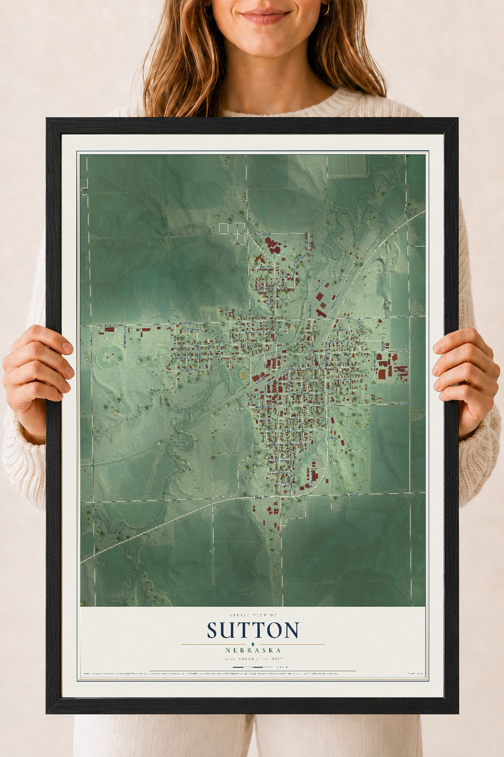 Map of Sutton, Nebraska, 18 x 24 inch print in a black wood frame