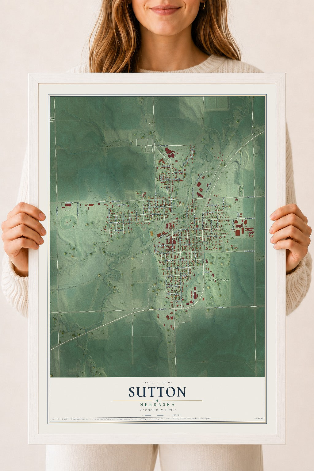 Map of Sutton, Nebraska, 18 x 24 inch print in a white wood frame