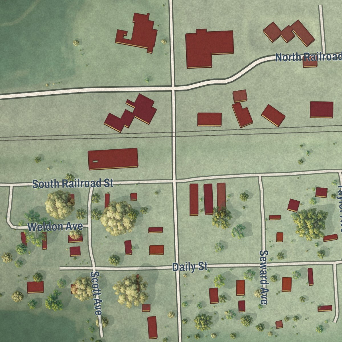 Close-up of the map of Tamora, Nebraska print showing street and building detail
