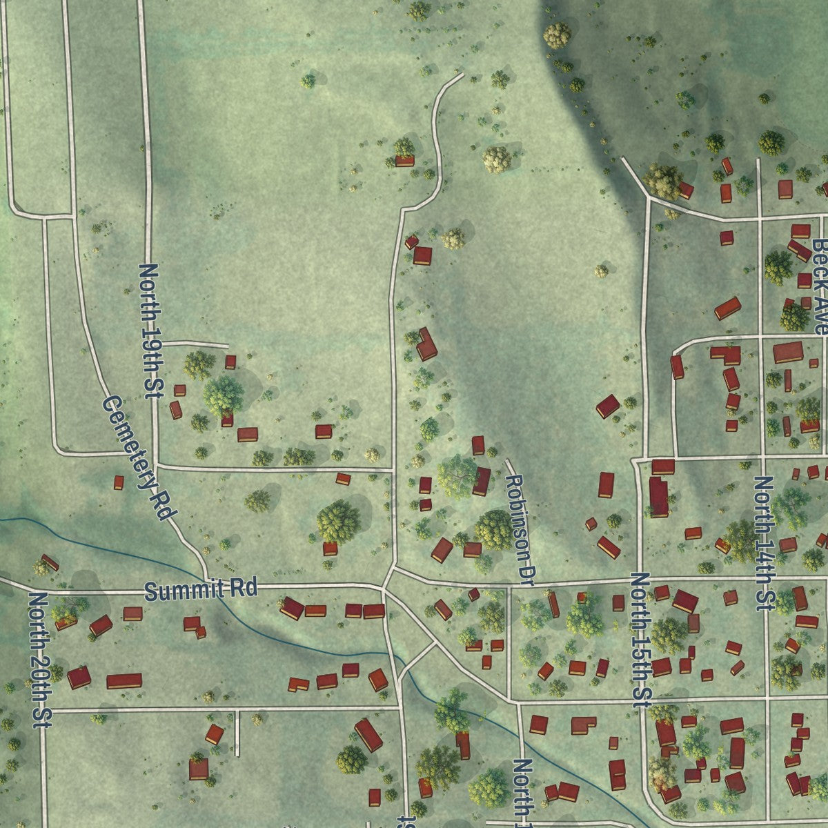 Second close-up of the map of Tekamah, Nebraska print showing more streets and buildings