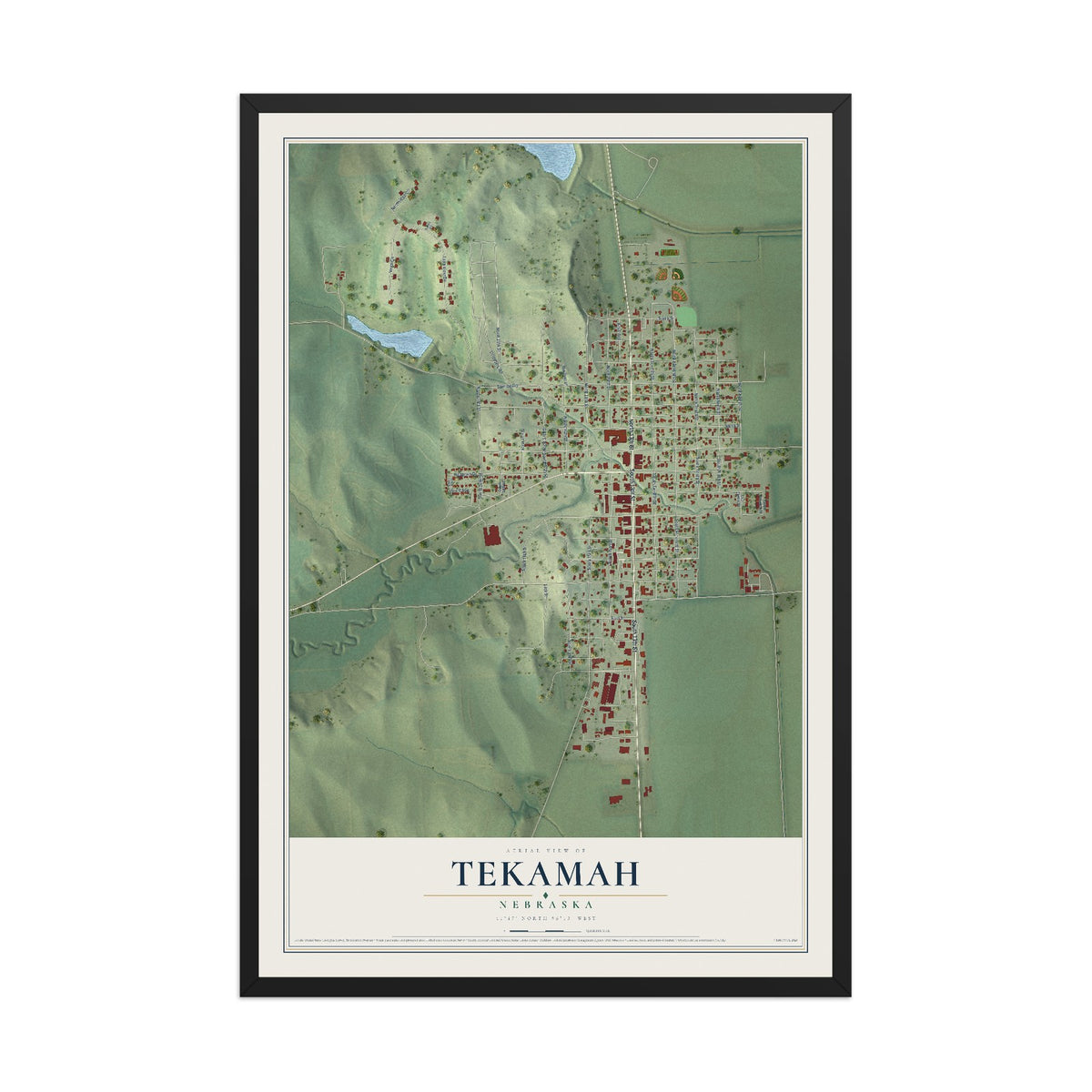 Map of Tekamah, Nebraska, 12 x 18 inch print in a black wood frame