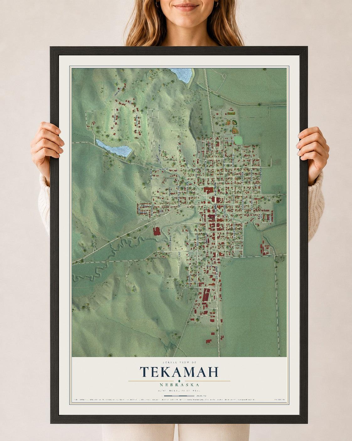 Map of Tekamah, Nebraska, 24 x 36 inch print in a black wood frame