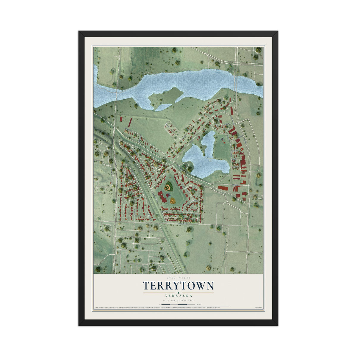 Map of Terrytown, Nebraska, 12 x 18 inch print in a black wood frame