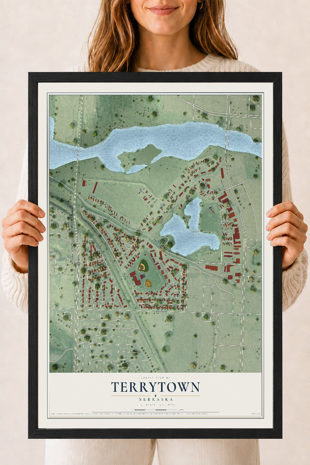 Map of Terrytown, Nebraska, 18 x 24 inch print in a black wood frame