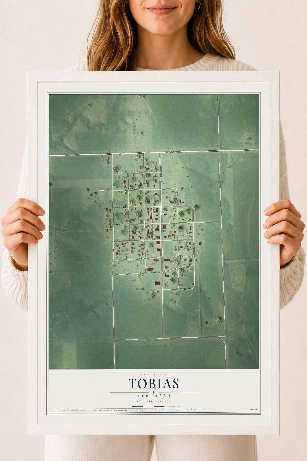 Map of Tobias, Nebraska, 18 x 24 inch print in a white wood frame