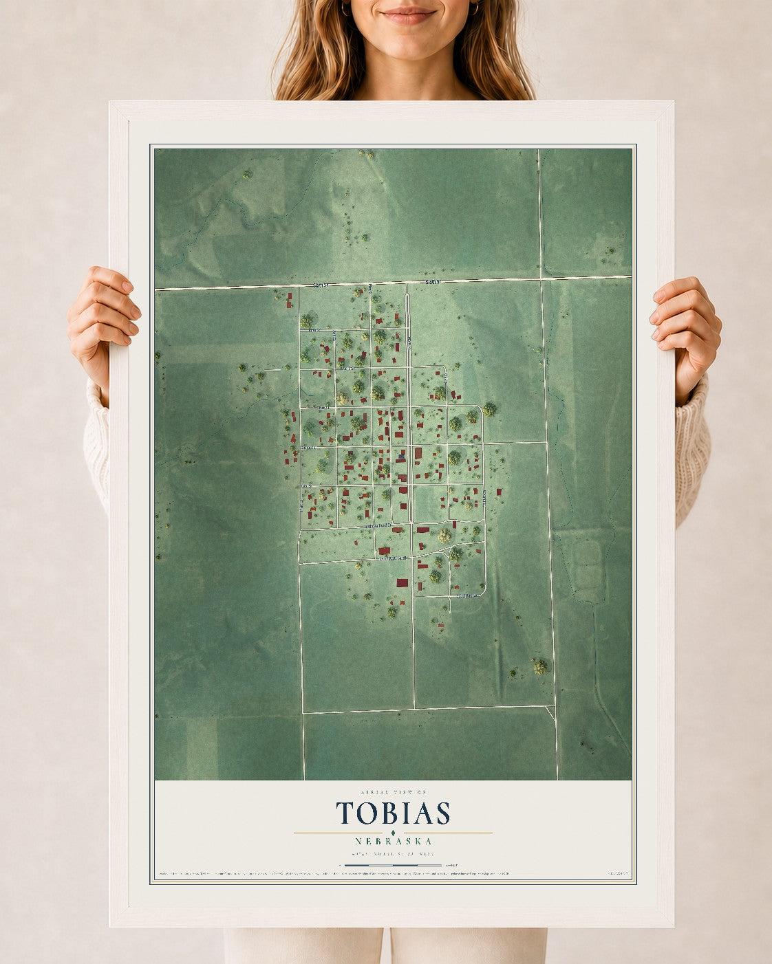 Map of Tobias, Nebraska, 24 x 36 inch print in a white wood frame