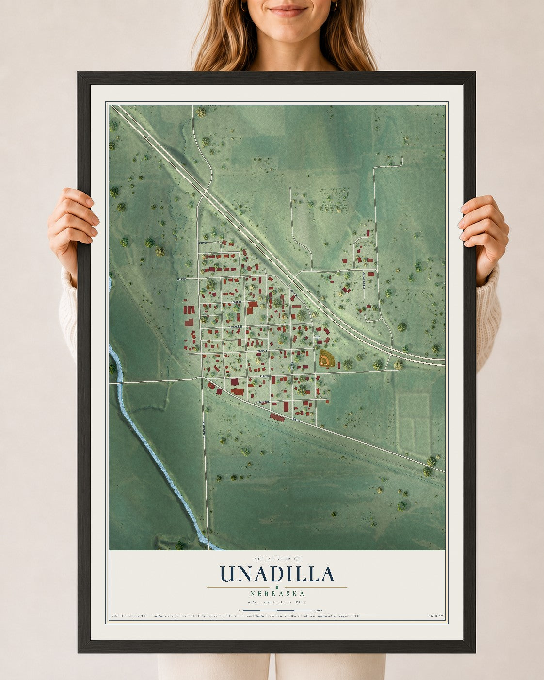 Map of Unadilla, Nebraska, 24 x 36 inch print in a black wood frame