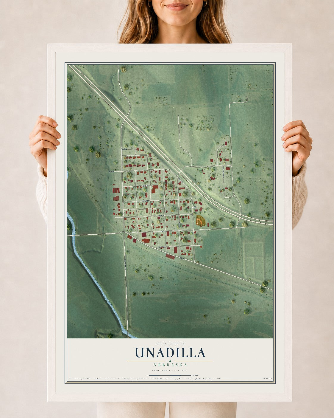 Map of Unadilla, Nebraska, 24 x 36 inch print in a white wood frame