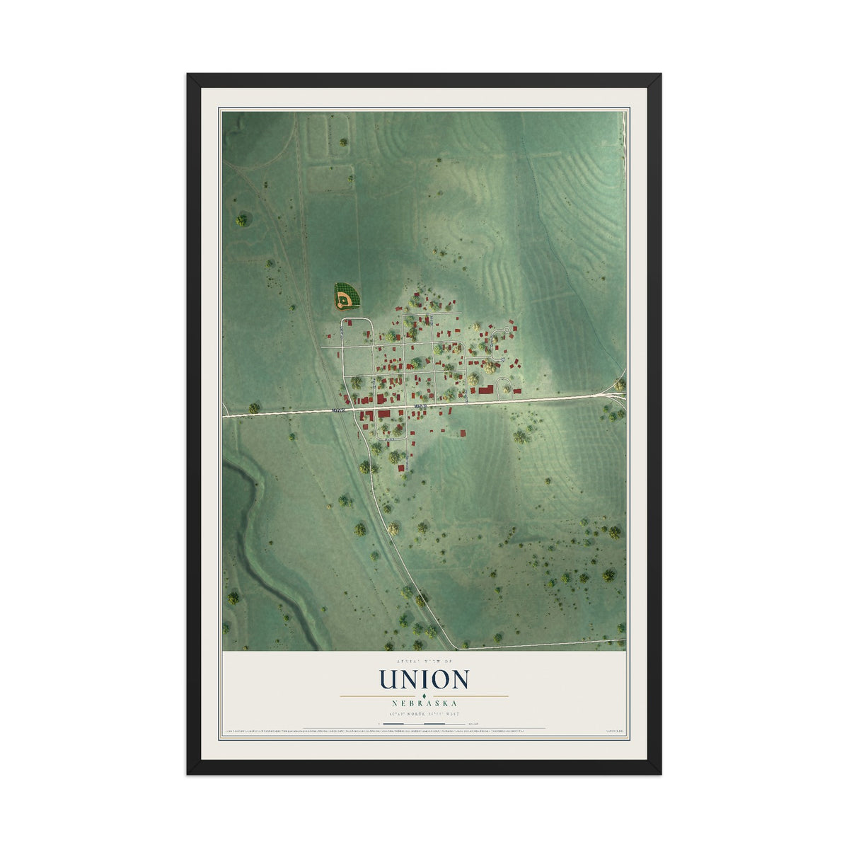 Map of Union, Nebraska, 12 x 18 inch print in a black wood frame